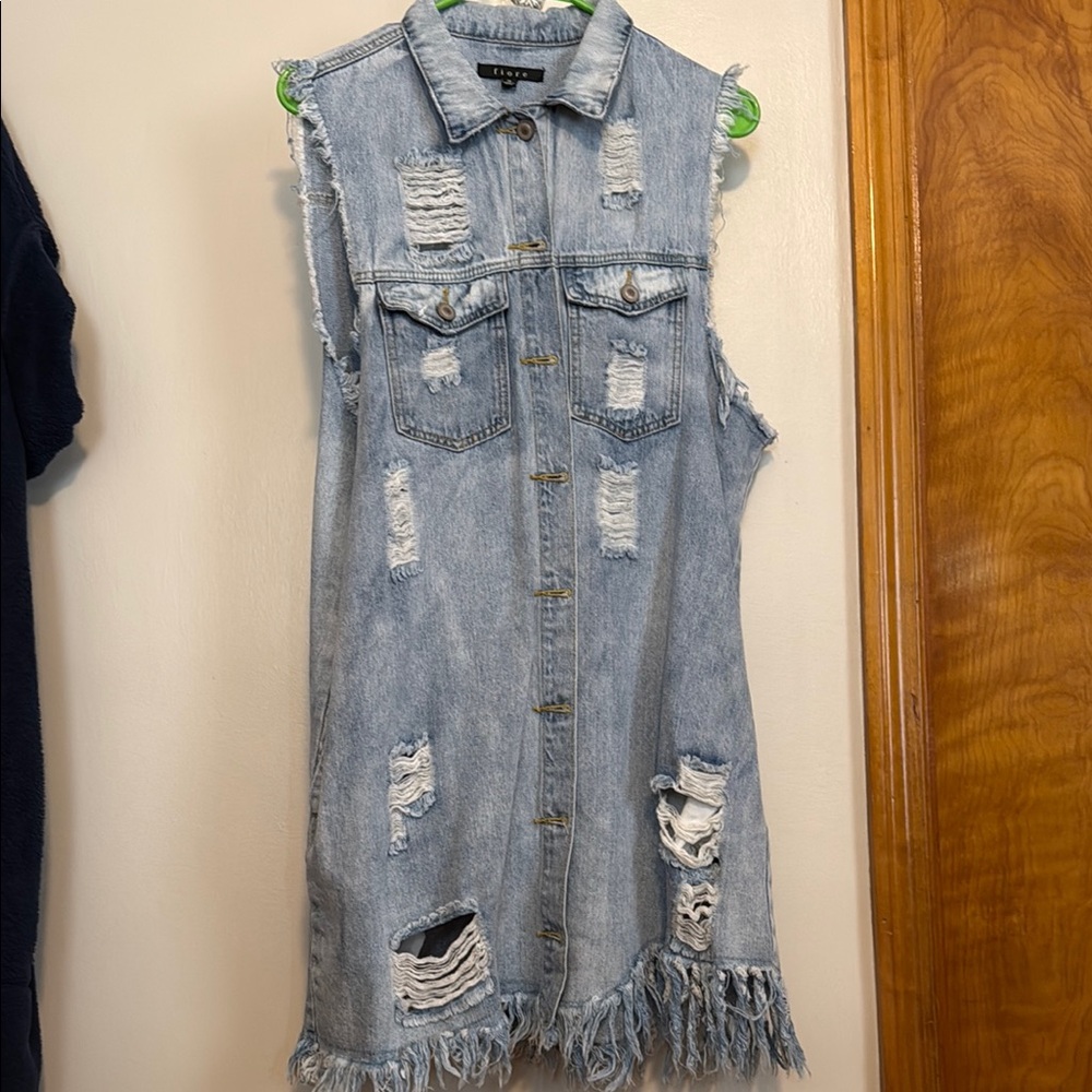 Distressed Denim Sleeveless Tunic with side pockets